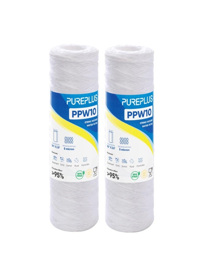 Pure Plus 5 Micron 10"x2.5" Whole House String Wound Sediment Filter for Well Water, Replacement Cartridge for Universal 10 inch RO System, 2 Pack - Image 1